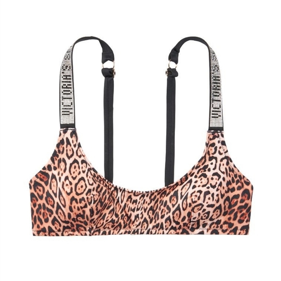 VICTORIA'S SECRET Natural Leopard Shine Strap Scoop Top Brazilian Panty Bikini - Picture 3 of 9